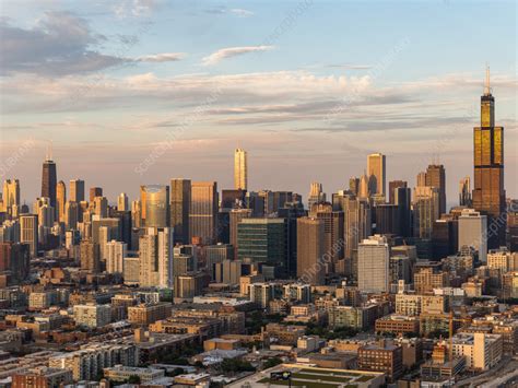 Aerial View Of Chicago Cityscape During Sunset Usa Stock Image