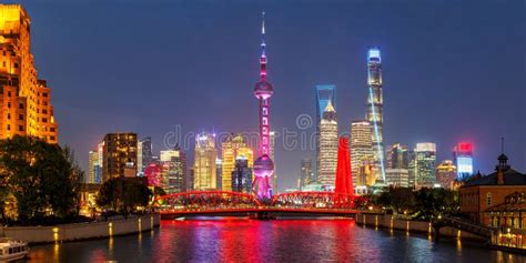 Shanghai Skyline At Bund With Oriental Pearl Tower Downtown Panorama At