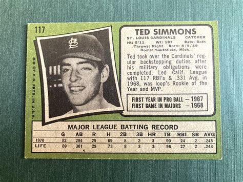 Topps Ted Simmons St Louis Cardinals Rookie Rc Ex Exmint