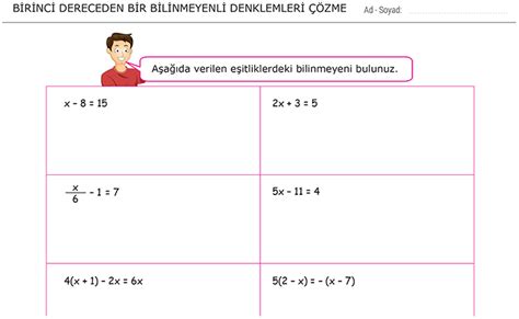 Birinci Dereceden Bir Bilinmeyenli Denklemleri Çözme 7 Sınıf