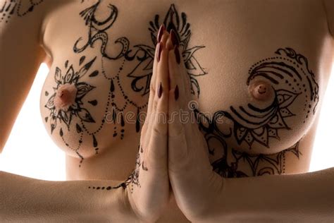 Crop Naked Woman Breast With Mehendi On Body Stock Photo Image Of