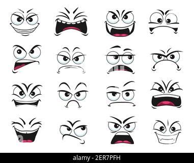 Cartoon plot face vector gloat smile emoji with angry eyes and smiling ...