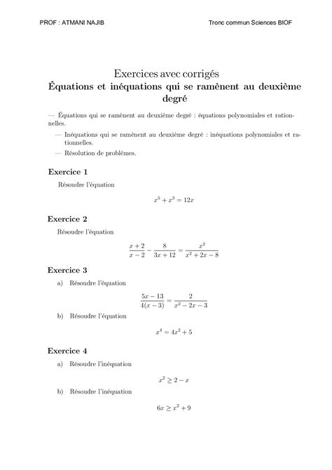 Équations et inéquations qui se ramènent au 2nd degré Exercices