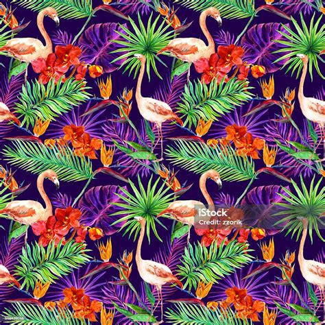 Tropical Exotic Leaves Orchid Flowers Neon Light Seamless Pattern