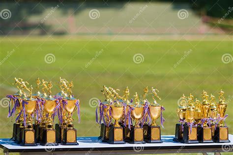 Track And Field Trophies Set Up Outdoor On Table Waiting For Win Stock