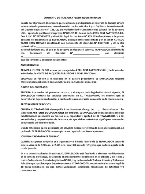 Contrato De Trabajo A Plazo Indeterminado Peru Best Partners Derecho Laboral Salario