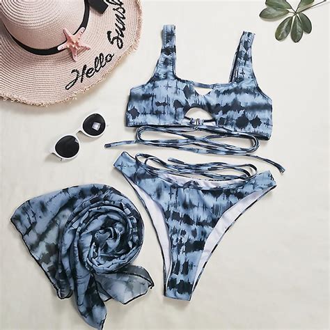 In X Bandage Stukken Badpak Vrouwen Blue Print Bikini Keyhole