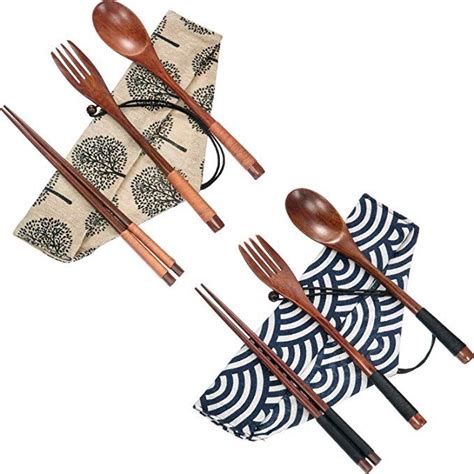 2 Sets Wooden Flatware Wooden Fork And Spoon Chopsticks Reusable