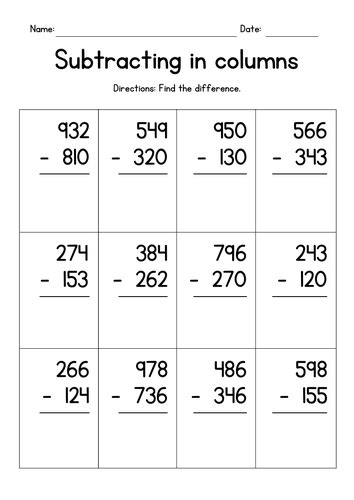 Subtracting 3 Digit Numbers In Columns No Regrouping Teaching Resources