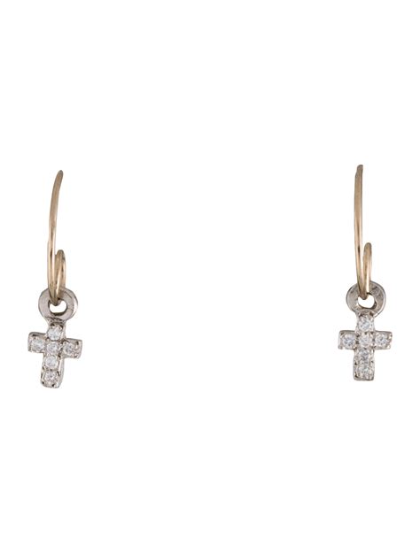 Earrings Platinum 14K Diamond Cross Drop Earrings 14K Yellow Gold