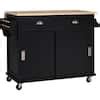 Tunuo Black Rolling Kitchen Island Cart With Rubber Wood Drop Leaf