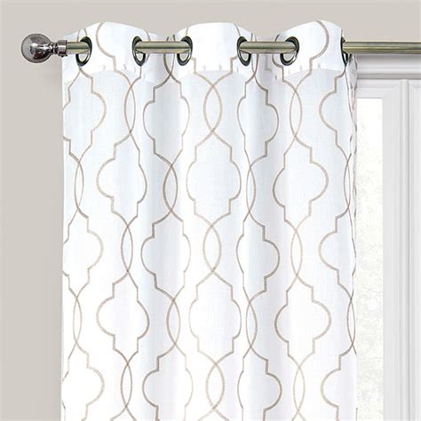 2 Pack White And Linen Embroidered Metallic Geo Grommet Curtain Panels