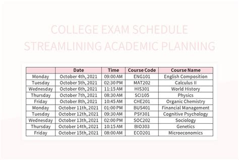 Faculty Exam Schedule Study Excel Template And Google Sheets File For