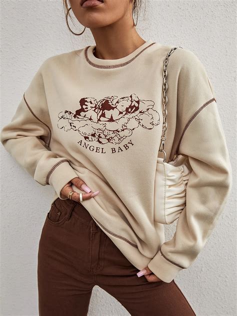 Contrast Stitch Angel Letter Graphic Pullover Shein Usa