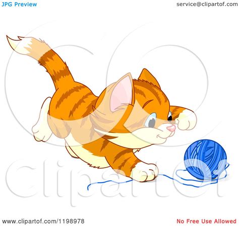 Cartoon Of A Cute Frisky Ginger Kitten Playing With Yarn Royalty Free