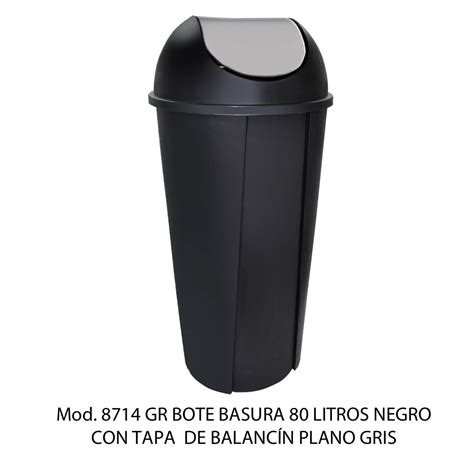 Bote De Basura Redondo Negro De 80 Litros Con Tapa Gris Tipo Balancín Liso Modelo 8714 Gr Sablón