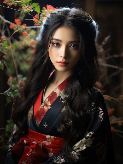 Premium Ai Image Beautiful Japanese Woman Long Black Hair Wearing Kimono