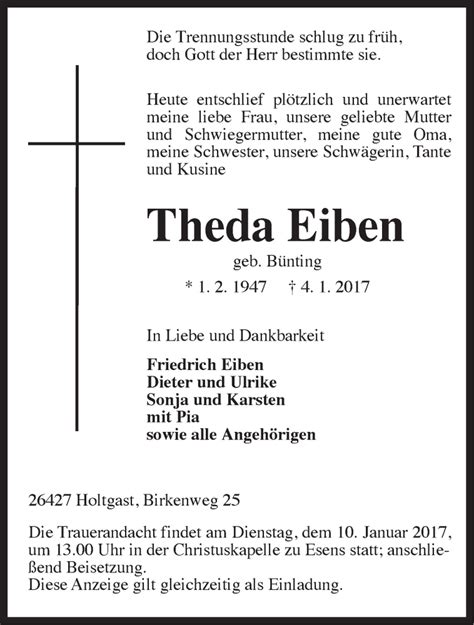 Traueranzeigen Von Theda Eiben Nordwest Trauer De