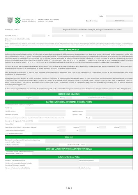 Registro De Manifestacion Tipo A Seduvi Folio Clave De Formato