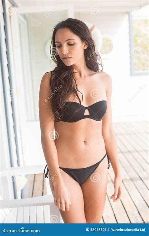 Belle Femme Dans La Pose Noire De Bikini Image stock Image du sérieux