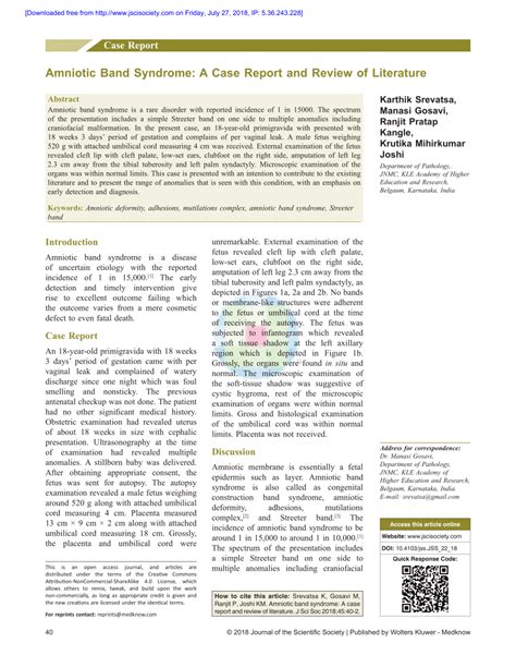 Pdf Amniotic Band Syndrome A Case Report And Review Of Literature