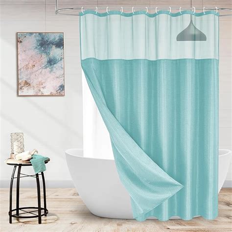 Mitovilla Teal Waffle Shower Curtain With Snap In Liner Modern Waffle Weave Fabric