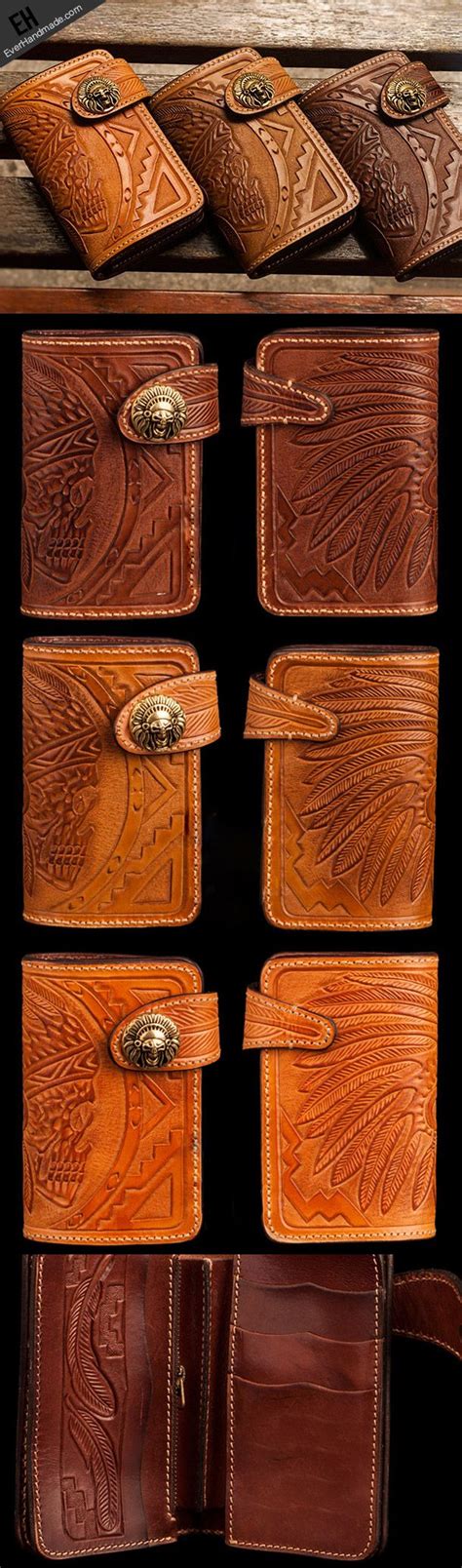 Handmade Brown Leather Indian Skull Carved Biker Wallet Bifold Short W