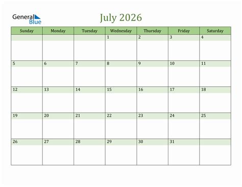 Fillable July 2026 Calendar