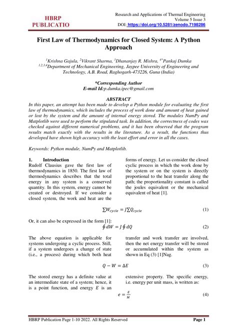 PDF First Law Of Thermodynamics For Closed System A Python Approach