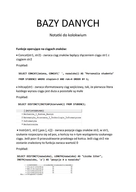 Notatki Pomocnicze materiały do kolokwium BAZY DANYCH Notatki do