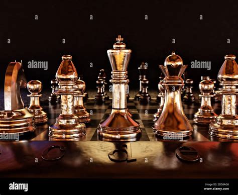 3D render of metal set of chess pieces on chess board with black ...