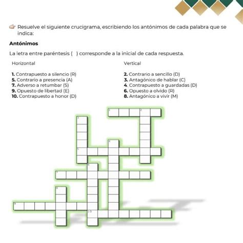 Resuelve el siguiente crucigrama escribiendo los antónimos de cada