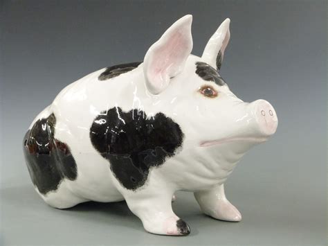 Wemyss Pottery Large Pig With Black And White Decoration And Pink Feet