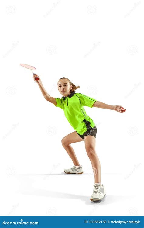 One Caucasian Young Teenager Girl Woman Playing Badminton Player