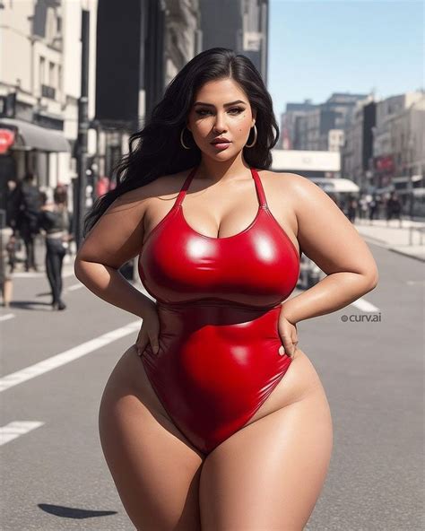 A Woman In A Red Swimsuit Is Walking Down The Street With Her Hands On