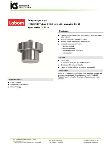 ICS LABOM DL9014 Diaphragm Seal Datasheet Manualzz