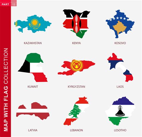 Map with flag collection, nine map contour with flag 11635111 Vector ...