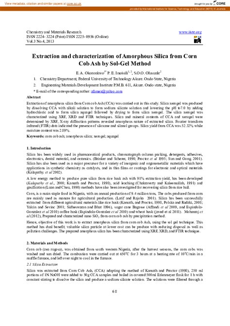 Pdf Extraction And Characterization Of Amorphous Silica From Corn Cob