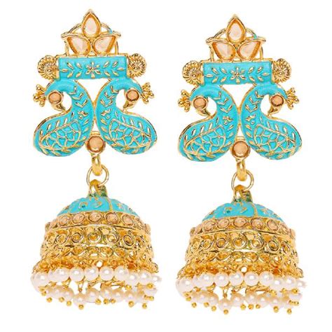 Mahi Traditional Blue Meenakari Work Peacock Jhumki Earrings With