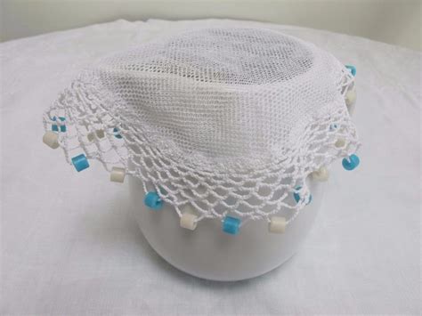 Vintage White And Blue Beaded Crochet Lace Net Milk Jug Cover Ebay Crochet Bead Crochet