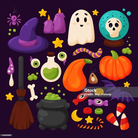 Ilustración De Conjunto De Elementos De Halloween Lindo Estilo De Dibujos Animados Dibujados A