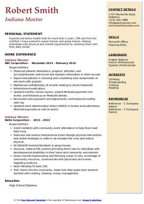 Indiana Mentor Resume Samples QwikResume