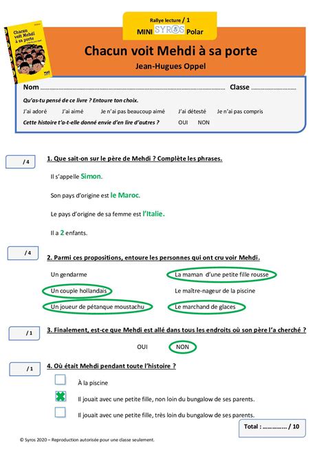 Calam O Fiches Rallye Lecture Corrig Es Chacun Voit Mehdi Sa Porte