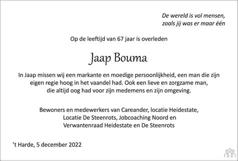 Jaap Jacob Bouma Overlijdensbericht En Condoleances