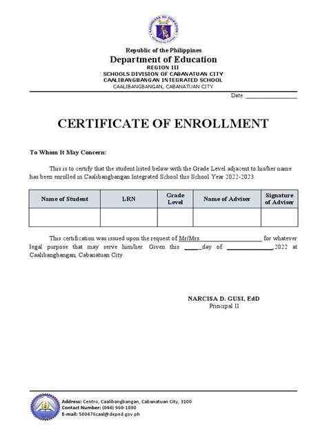 Dswd Certificate Of Enrollment Cis Pdf