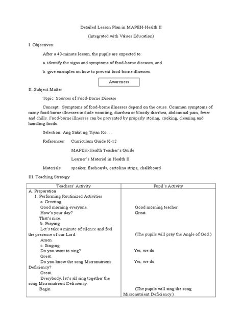 Detailed Lesson Plan In Mapeh Health Ii Foodborne Illness Lesson Plan