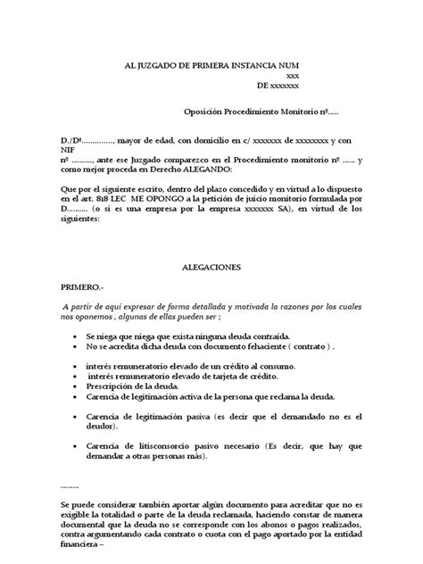 Modelo Oposicion Procedimiento Monitorio Pdf Deuda Justicia