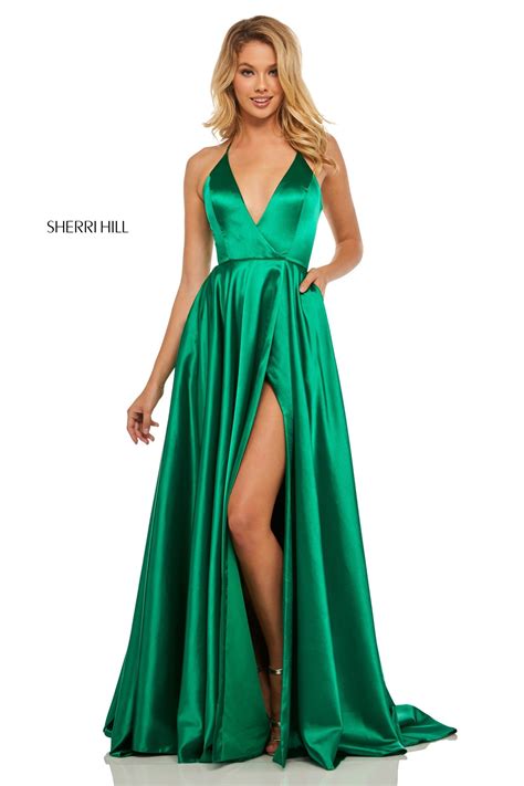 Sherri Hill Satin V Neck Halter Top Gown Prom Dresses With