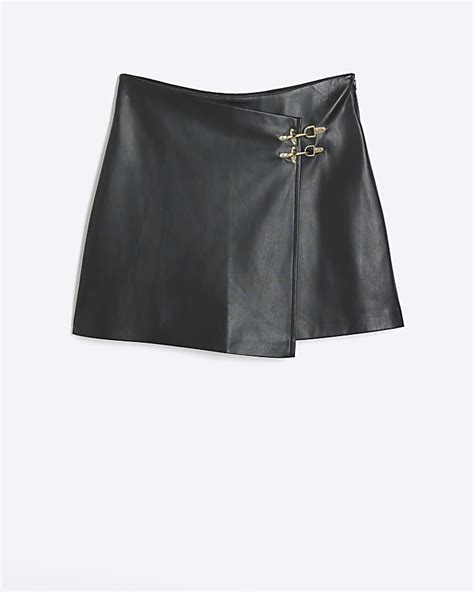 Black Faux Leather Buckle Wrap Mini Skirt River Island