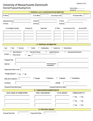 Fillable Online Umassd Proposal Routing Form Pdf Doc University Of